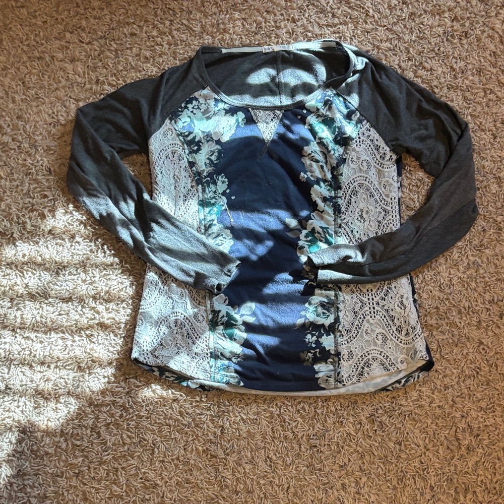Jolt Charcoal and Navy Floral Lace Long Sleeve Top